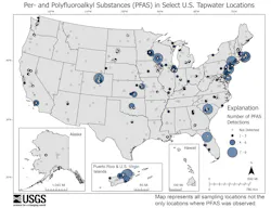 This map shows the number of PFAS detected in tap water samples from select sites across the nation. The findings are based on a USGS study of samples taken between 2016 and 2021 from private and public supplies at 716 locations. This map shows the number of PFAS detected in tap water samples from select sites across the nation. The findings are based on a USGS study of samples taken between 2016 and 2021 from private and public supplies at 716 locations.