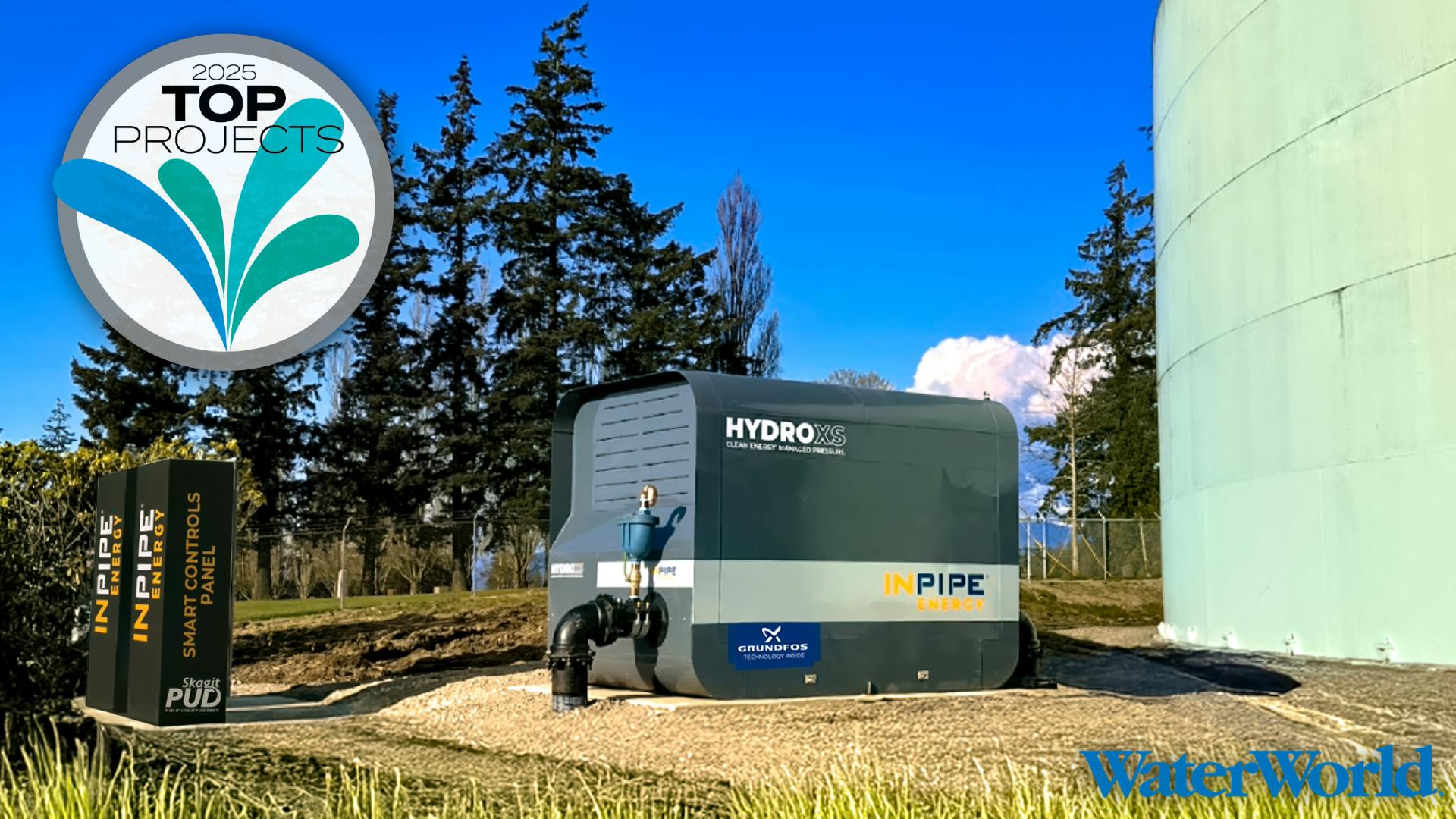 The HydroXS energy recovery system converts excess water pressure into renewable electricity at Skagit PUD&rsquo;s reservoir site.