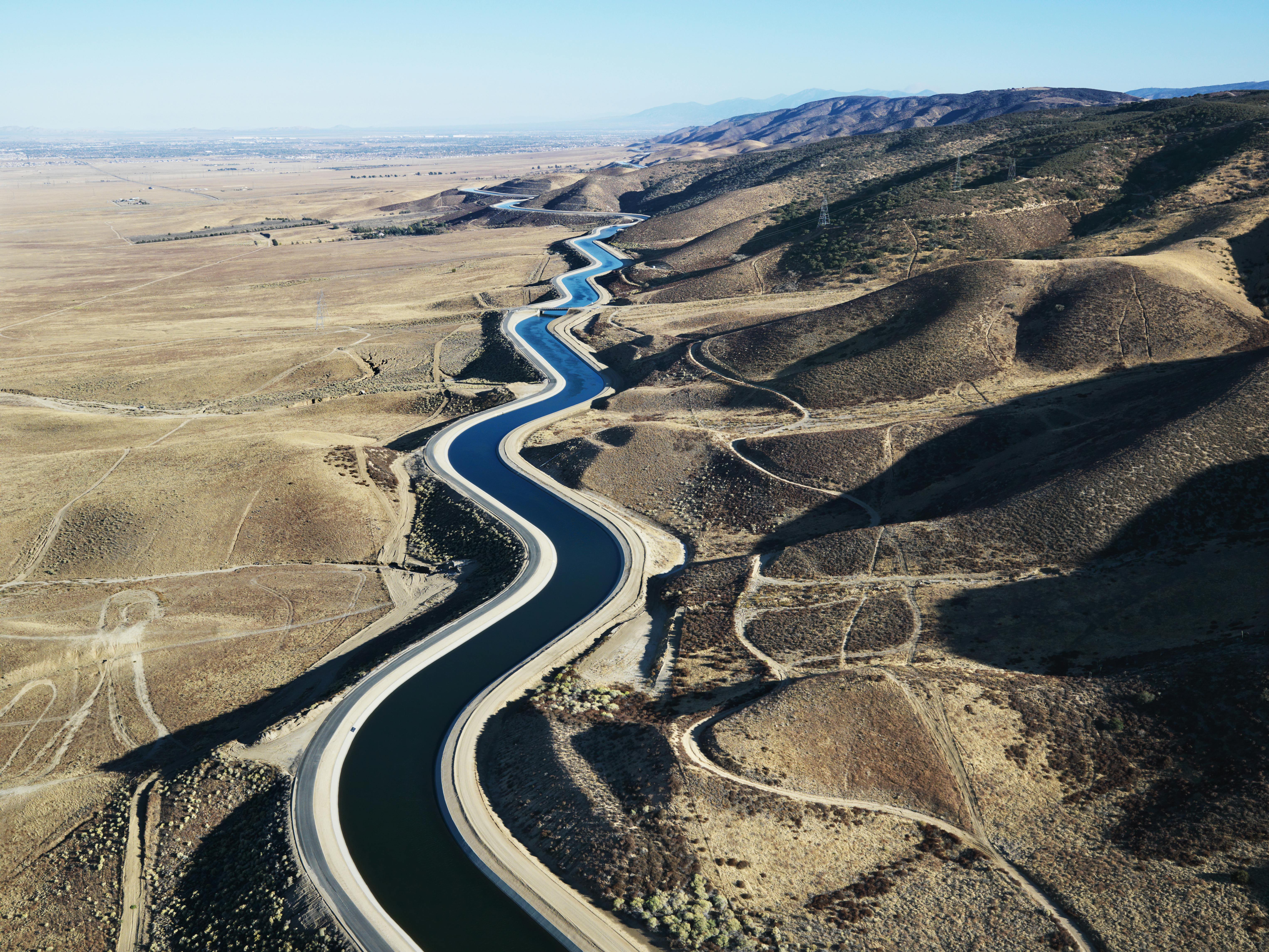 Aerial view of water carrying aqueduct in outer Los Angeles, California.