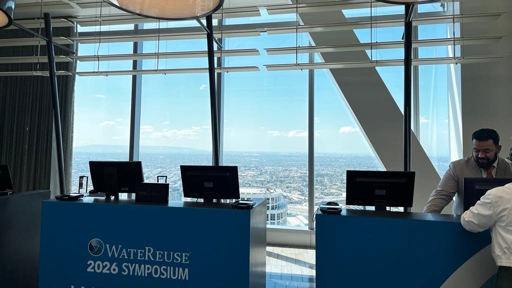 The view from the registration desk inside the Intercontinental hotel and conference center, 70 stories from the ground in Los Angeles, CA, at the 2026 WateReuse Symposium.