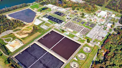 The 10-acre solar farm (top left) installed in 2020 provides around 12% of the plant’s energy needs, which significantly impacts the aeration energy expenditure of its equalization basin. The 10-acre solar farm (top left) installed in 2020 provides around 12% of the plant’s energy needs, which significantly impacts the aeration energy expenditure of its equalization basin.