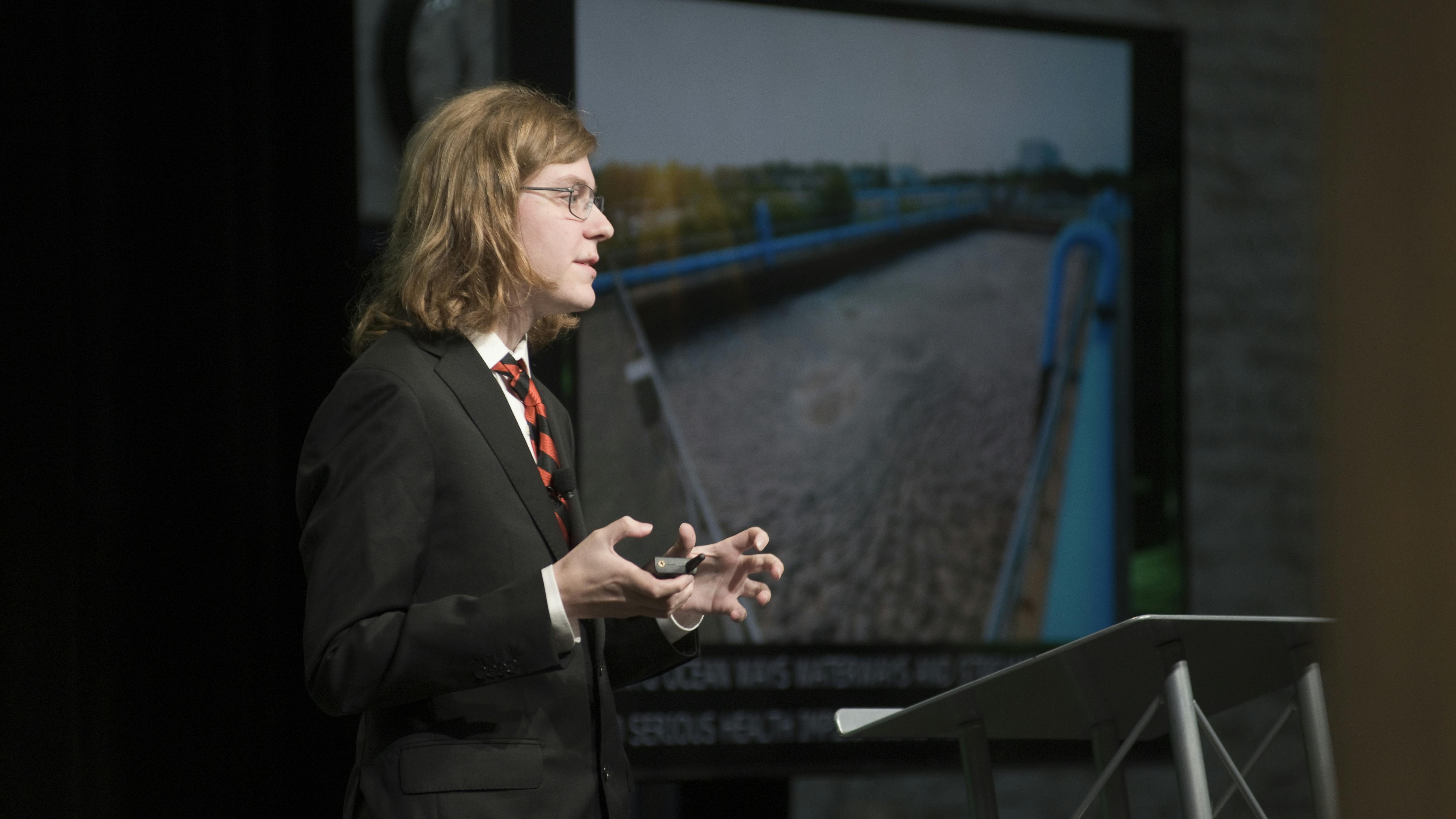 Kelvin Green of team UnWastewater presents during the 2023 Wege Prize finalist event.