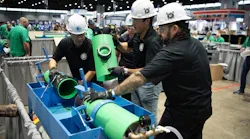n a race against time and a competition of skill and precision, MWRD Carpenter Leadman Dave Garza (from left), Principal Engineer Lynn Kohlhaas, Associate Civil Engineer Thomas Sinickas, and Pipefitter Foreman Andre Almaraz compete in the Collections Event at the Operations Challenge. n a race against time and a competition of skill and precision, MWRD Carpenter Leadman Dave Garza (from left), Principal Engineer Lynn Kohlhaas, Associate Civil Engineer Thomas Sinickas, and Pipefitter Foreman Andre Almaraz compete in the Collections Event at the Operations Challenge.