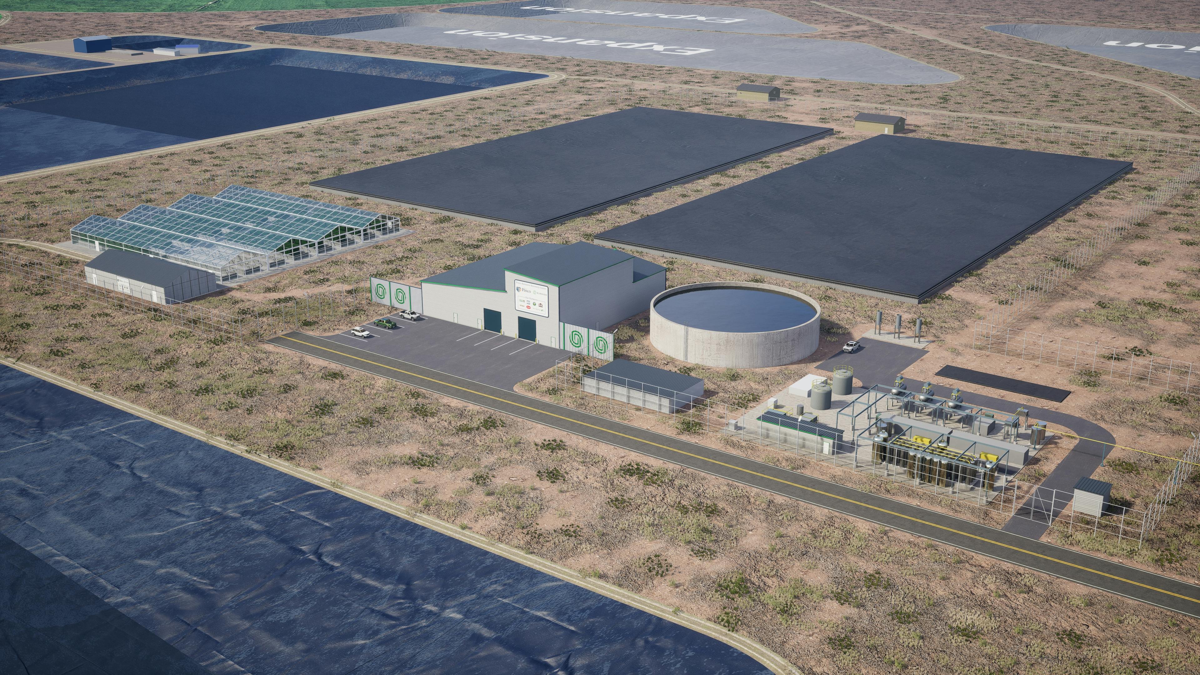 An aerial model view of the Pasco Resource Recovery Center used to adapt to rising industrial discharge demands in the community.