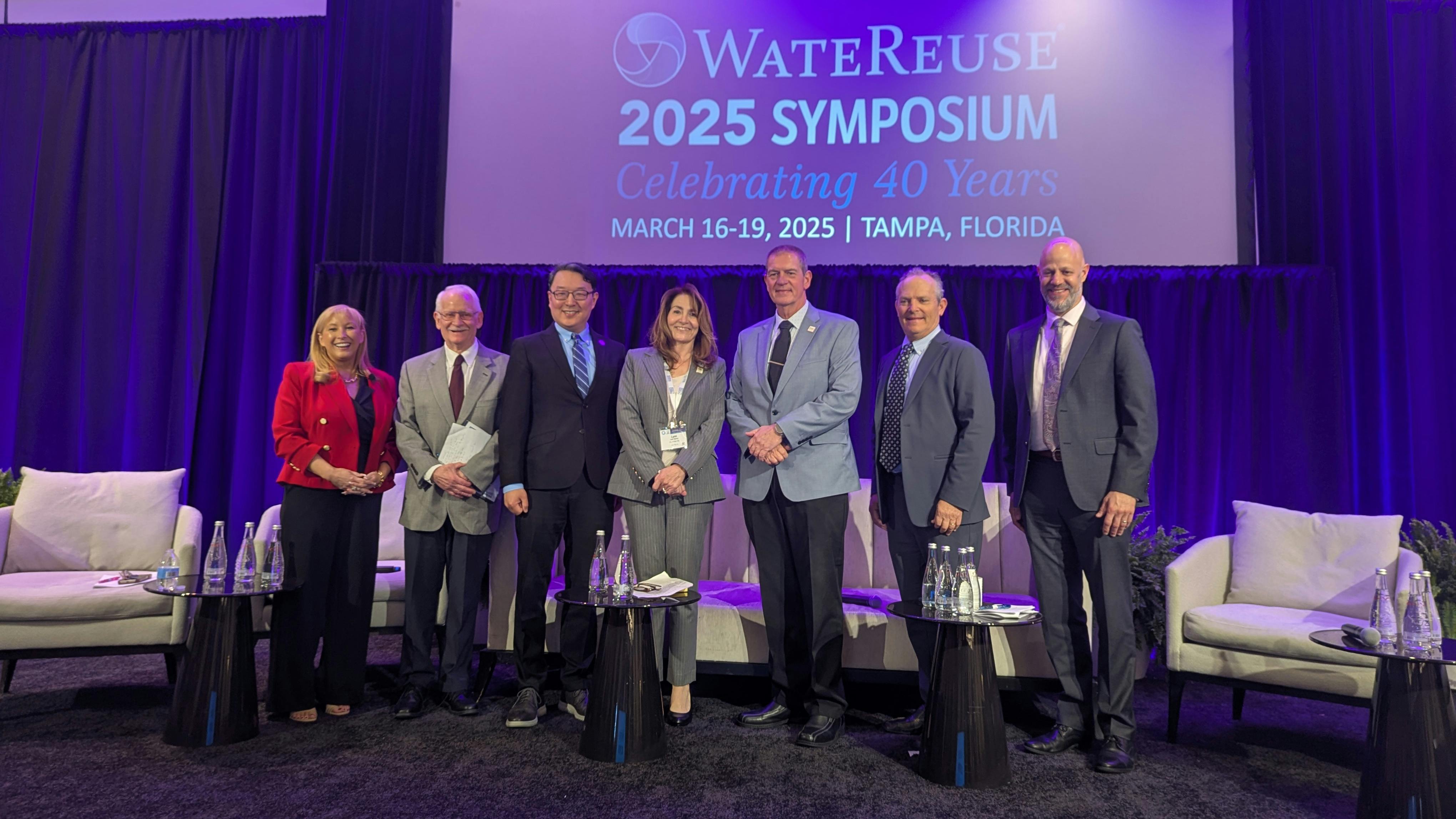 Left to right: Beverly Stinson, AECOM executive vice president; Roy Rogers, Washington County, Oregon retired commissioner; Jack Liang, Clean Water Services chief strategy officer ; Lynn Spivey, City of Plant City director of utilities; Bill McDaniel, City of Plant City city manager; Jay Lewitt, LVMWD board president; David Pedersen, LVMWD general manager.