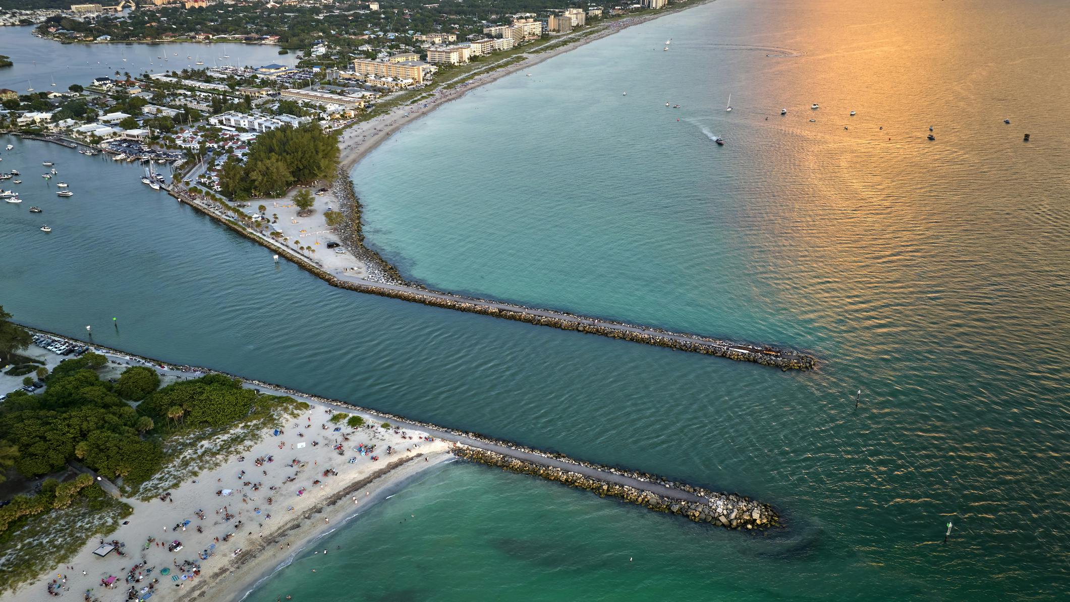 Aerial evening seascape with Nokomis sandy beach in Sarasota County