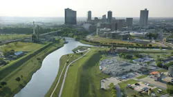 Aerial view of Fort Worth, Texas with view of Trinity River and skyscrapers Aerial view of Fort Worth, Texas with view of Trinity River and skyscrapers
